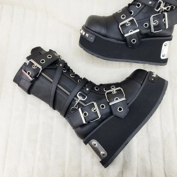 NIB DEMONIA Trashville 250 Multi Strap Goth Punk Rock 3.25 Platform Boot Black